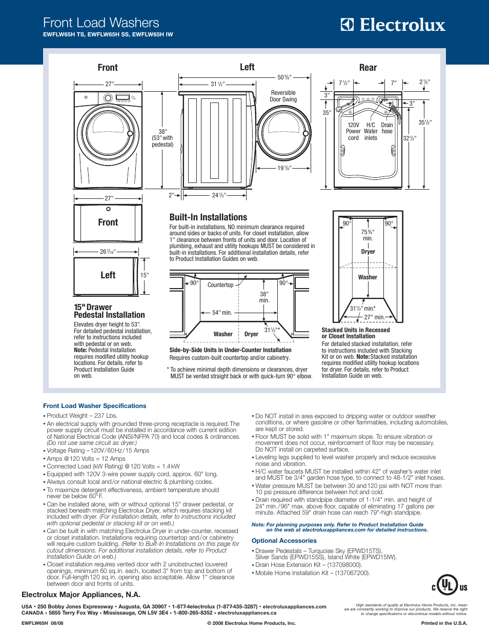 Front load washers, Left, Front | Rear, Built-in installations, 15" drawer pedestal installation | Electrolux EWFLW65HIW User Manual | Page 2 / 2