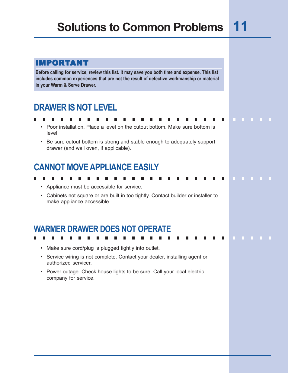 Solutions to common problems, Drawer is not level, Cannot move appliance easily | Warmer drawer does not operate | Electrolux Warm & Serve Drawer 318 201 018 (0801) Rev. C User Manual | Page 11 / 12