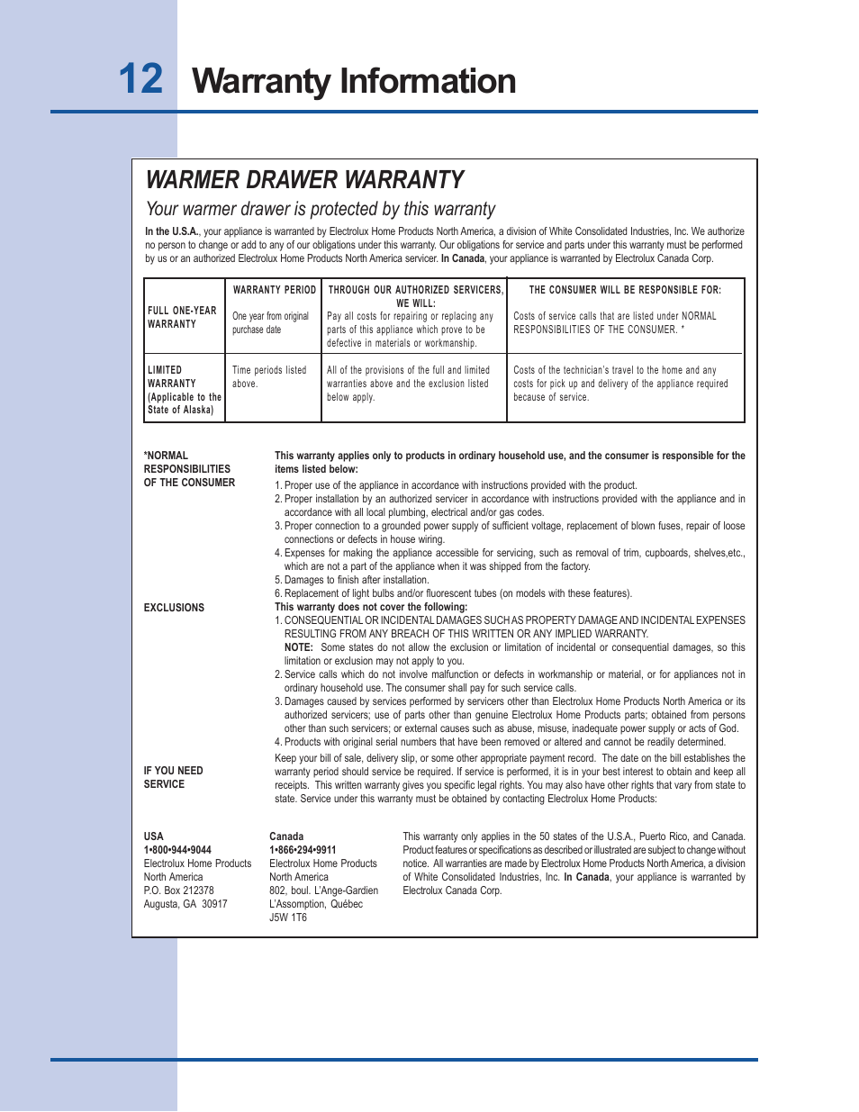 Warranty information, Warmer drawer warranty, Your warmer drawer is protected by this warranty | Electrolux Warm & Serve Drawer 318 201 018 (0801) Rev. C User Manual | Page 12 / 12