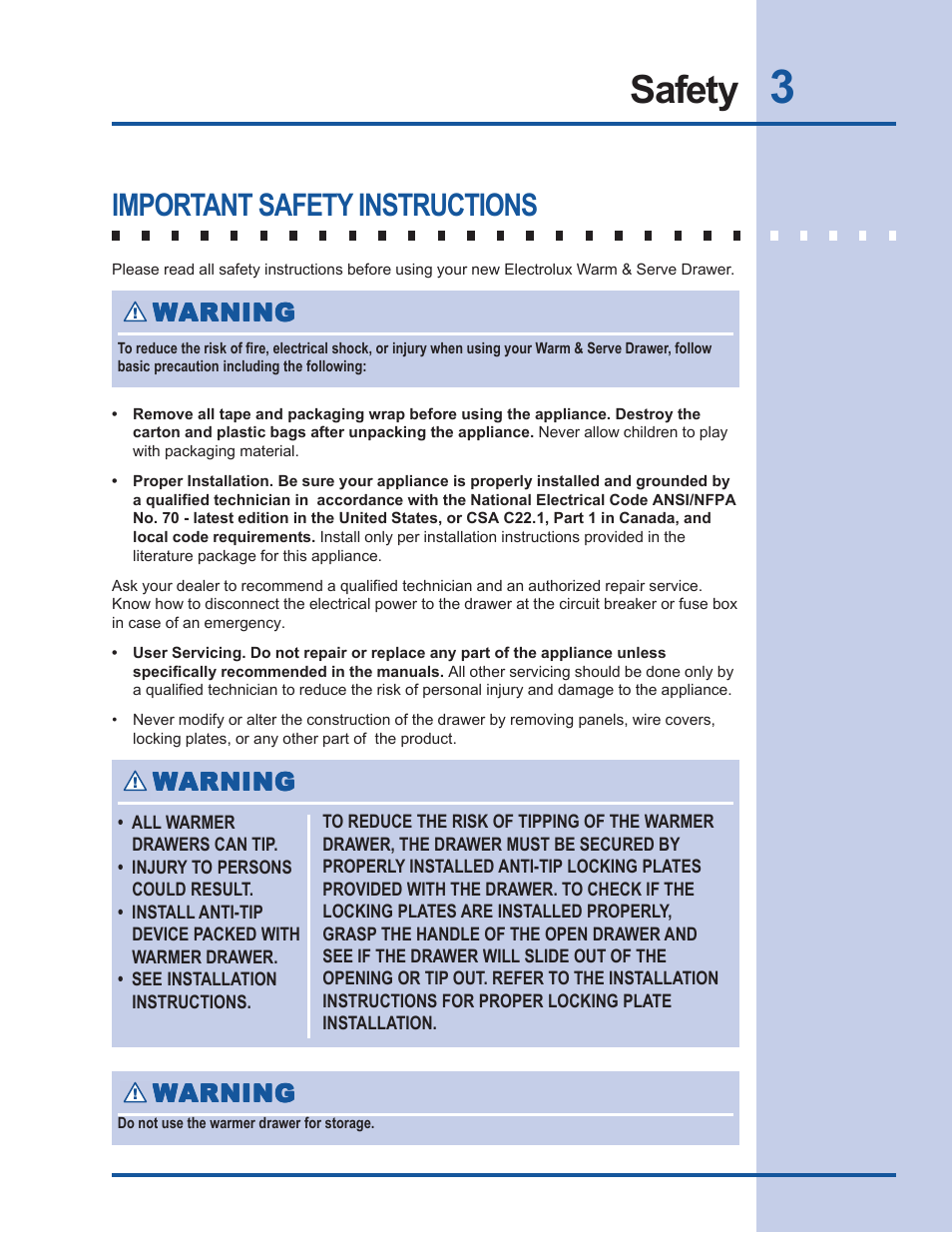 Safety, Important safety instructions, Warning | Electrolux Warm & Serve Drawer 318 201 018 (0801) Rev. C User Manual | Page 3 / 12