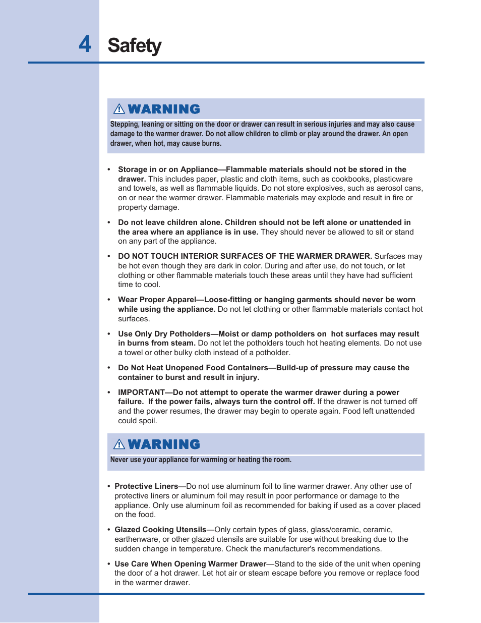 Safety, Warning | Electrolux Warm & Serve Drawer 318 201 018 (0801) Rev. C User Manual | Page 4 / 12