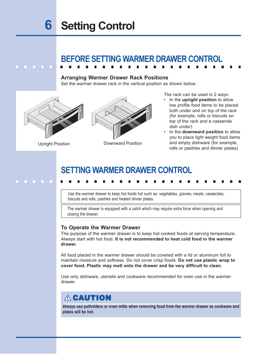 Setting control, Before setting warmer drawer control, Setting warmer drawer control | Electrolux Warm & Serve Drawer 318 201 018 (0801) Rev. C User Manual | Page 6 / 12