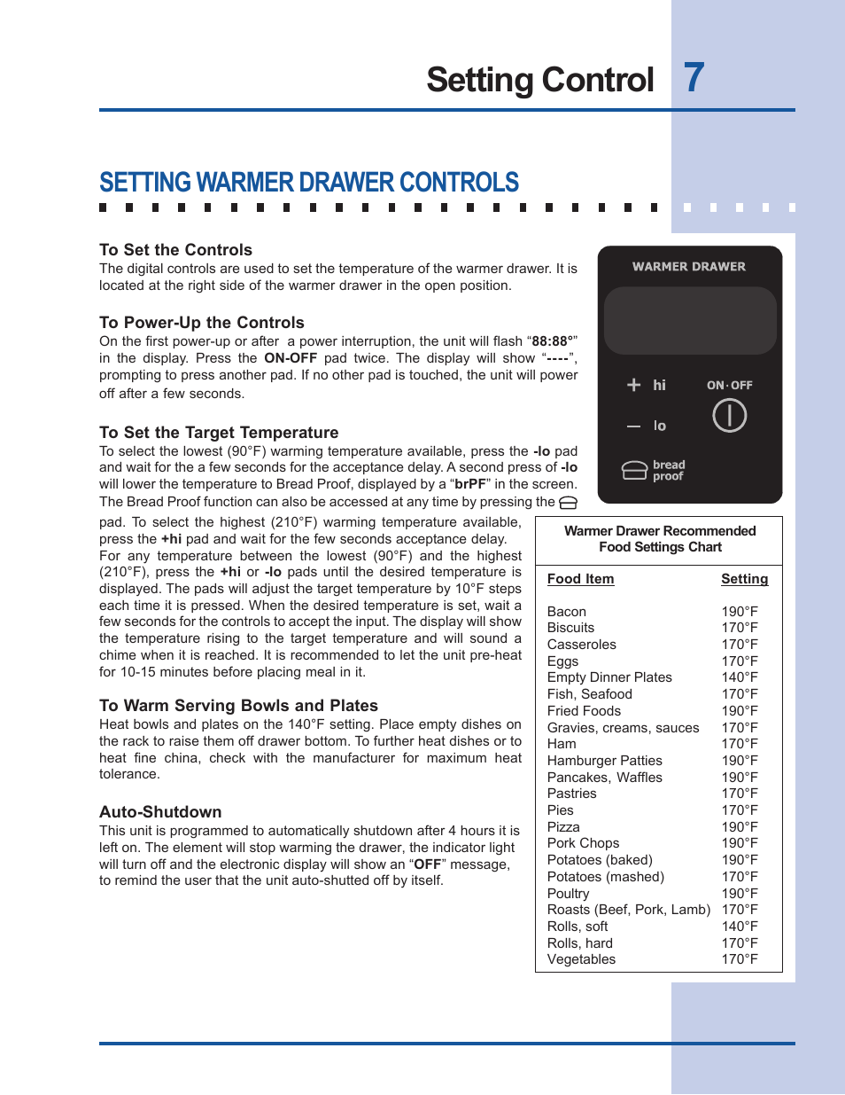 Setting control, Setting warmer drawer controls | Electrolux Warm & Serve Drawer 318 201 018 (0801) Rev. C User Manual | Page 7 / 12