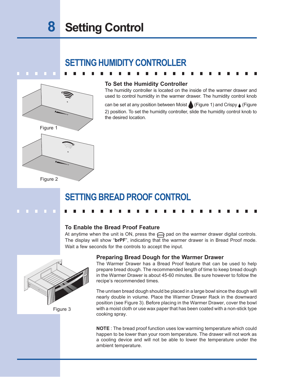 Setting control, Setting humidity controller, Setting bread proof control | Electrolux Warm & Serve Drawer 318 201 018 (0801) Rev. C User Manual | Page 8 / 12