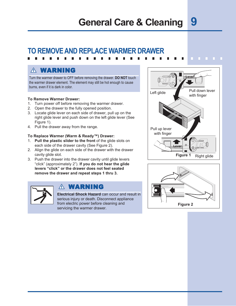 General care & cleaning, Warning | Electrolux Warm & Serve Drawer 318 201 018 (0801) Rev. C User Manual | Page 9 / 12