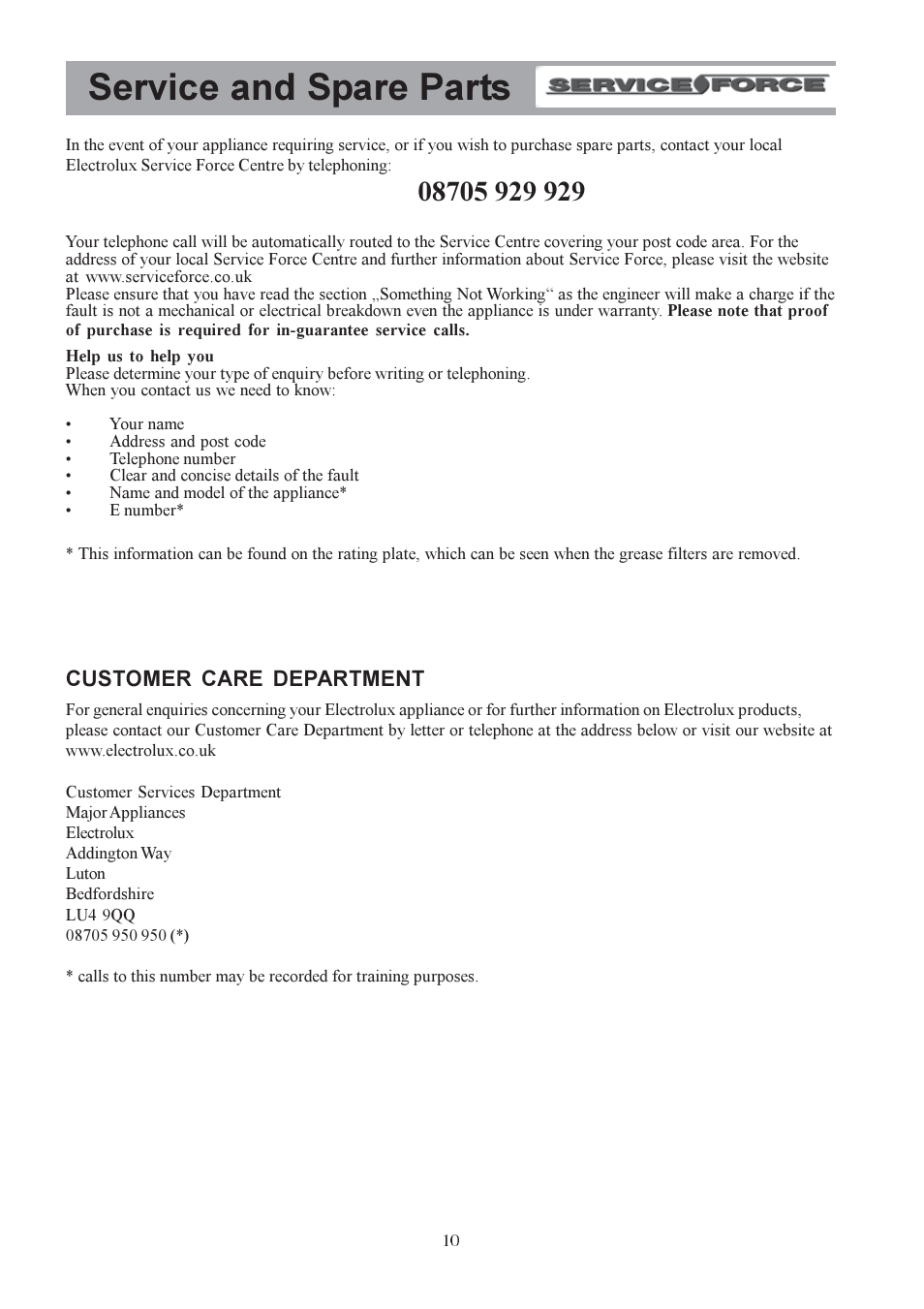 Service and spare parts, Customer care department | Electrolux U30311 CH 700 User Manual | Page 10 / 16