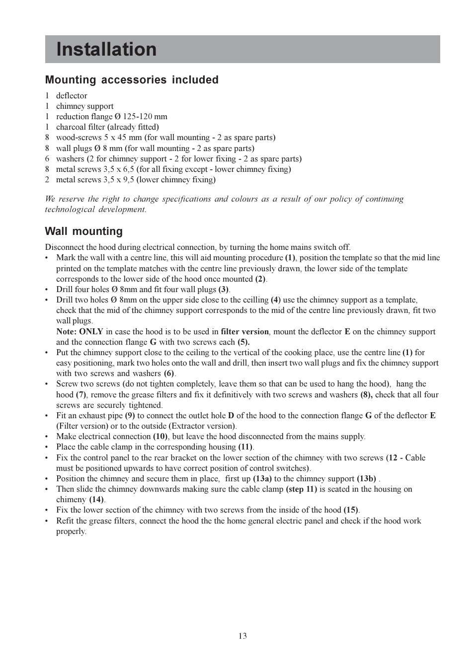 Installation, Mounting accessories included, Wall mounting | Electrolux U30311 CH 700 User Manual | Page 13 / 16