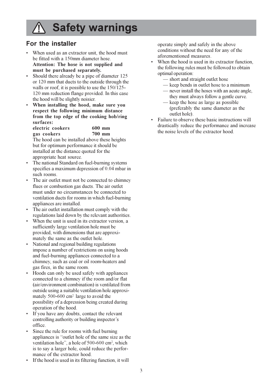 Safety warnings, For the installer | Electrolux U30311 CH 700 User Manual | Page 3 / 16