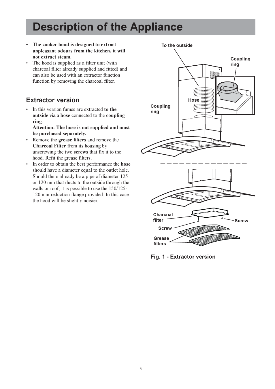 Description of the appliance, Extractor version | Electrolux U30311 CH 700 User Manual | Page 5 / 16