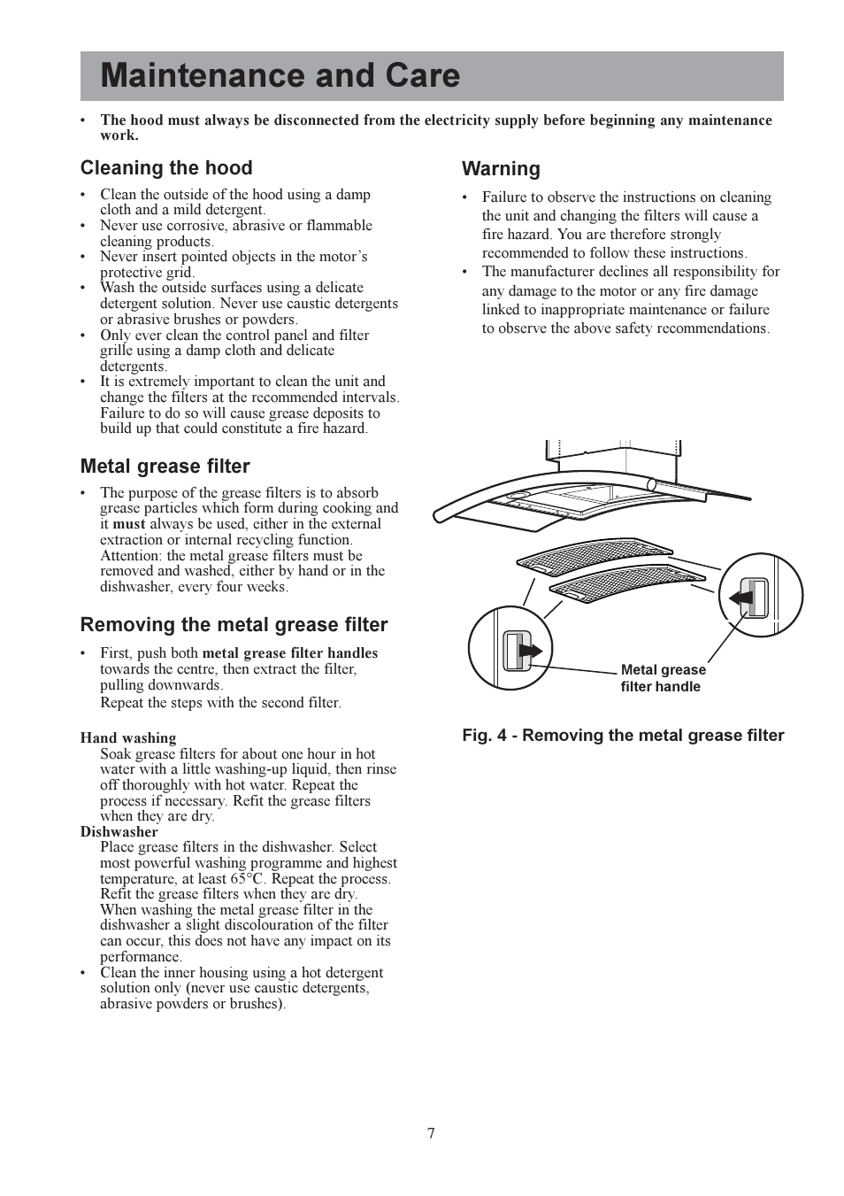 Maintenance and care, Warning, Cleaning the hood | Metal grease filter, Removing the metal grease filter | Electrolux U30311 CH 700 User Manual | Page 7 / 16