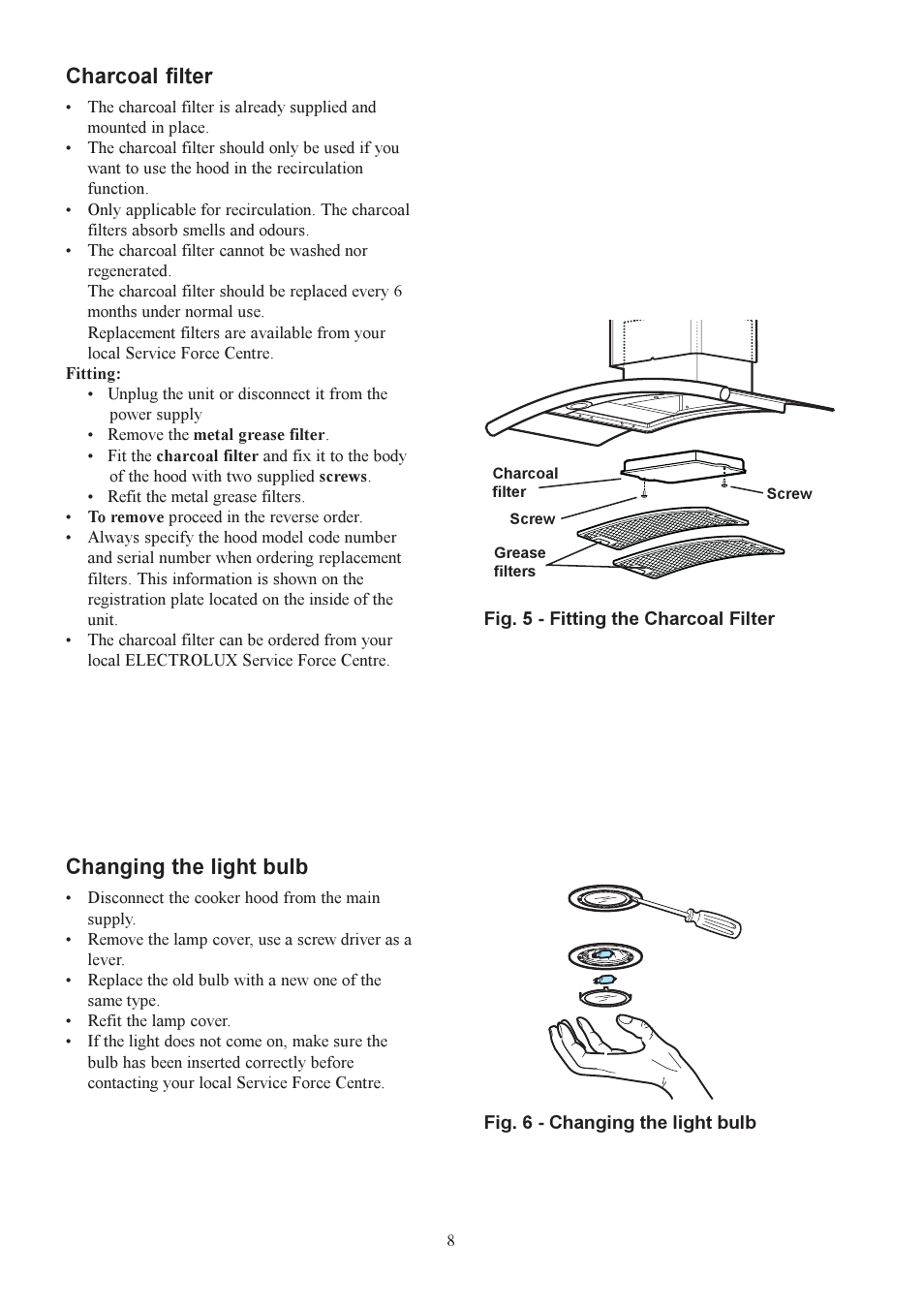 Charcoal filter, Changing the light bulb | Electrolux U30311 CH 700 User Manual | Page 8 / 16