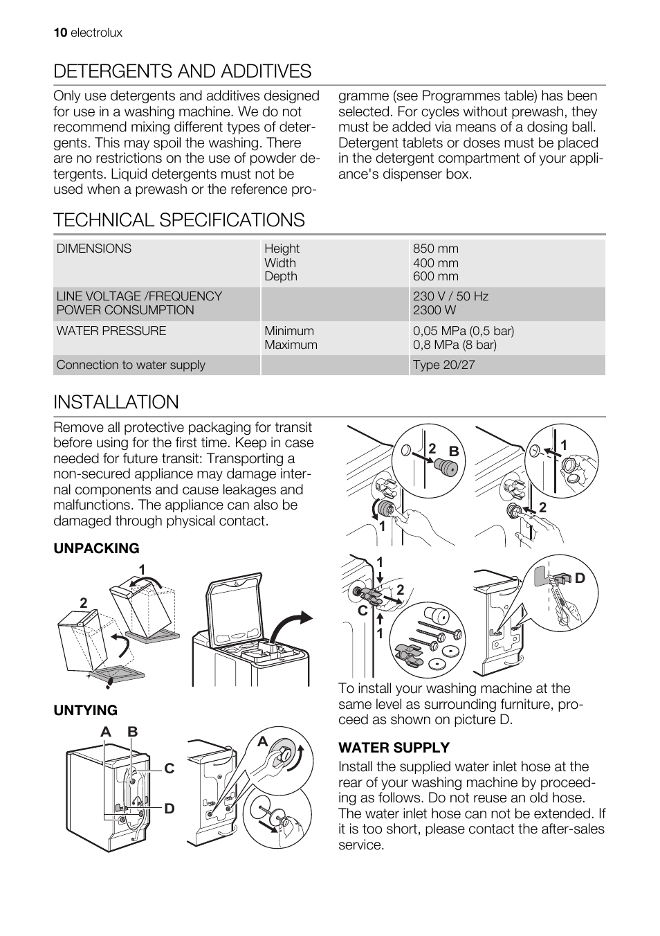 Detergents and additives, Technical specifications, Installation | Electrolux EWT 106411 W User Manual | Page 10 / 16