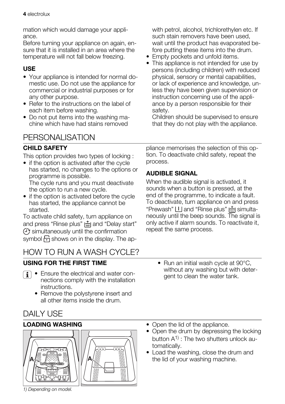 Personalisation, How to run a wash cycle, Daily use | Electrolux EWT 106411 W User Manual | Page 4 / 16