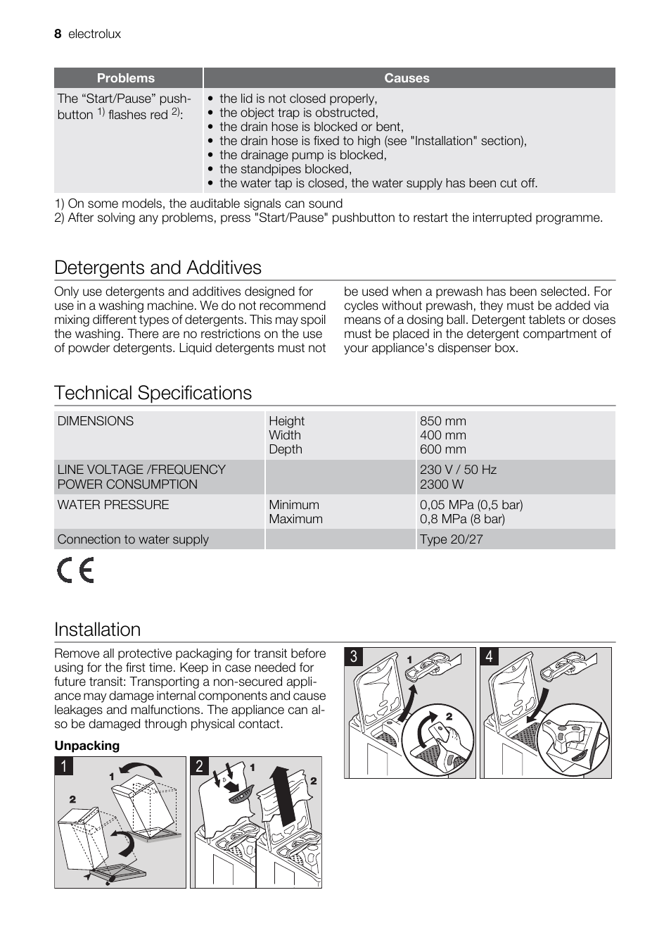 Detergents and additives, Technical specifications, Installation | Electrolux EWT 9120 W User Manual | Page 8 / 12