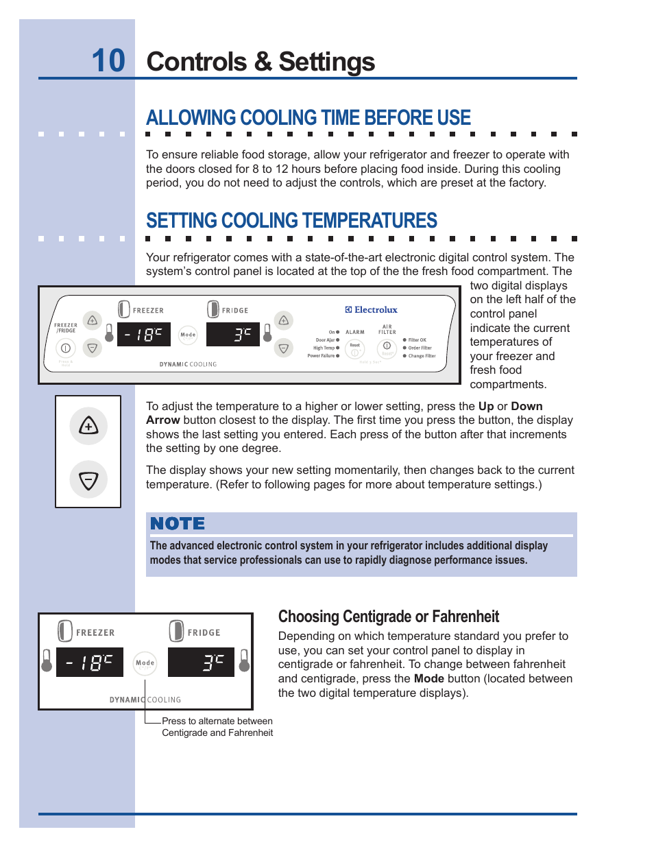 Controls & settings, Allowing cooling time before use, Setting cooling temperatures | Electrolux 241737900 User Manual | Page 10 / 36