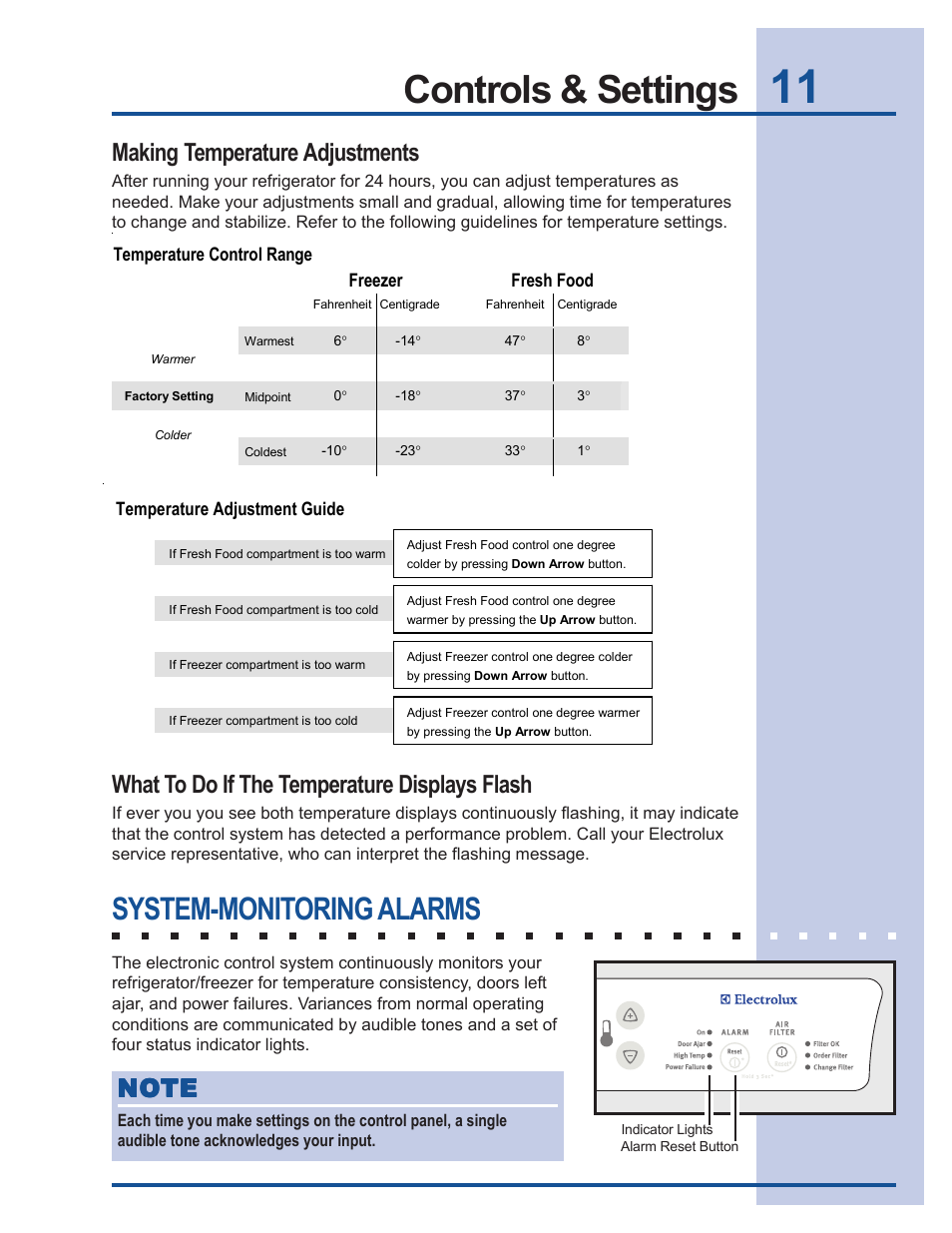 Controls & settings, System-monitoring alarms, Making temperature adjustments | What to do if the temperature displays flash, Temperature control range freezer fresh food, Temperature adjustment guide | Electrolux 241737900 User Manual | Page 11 / 36