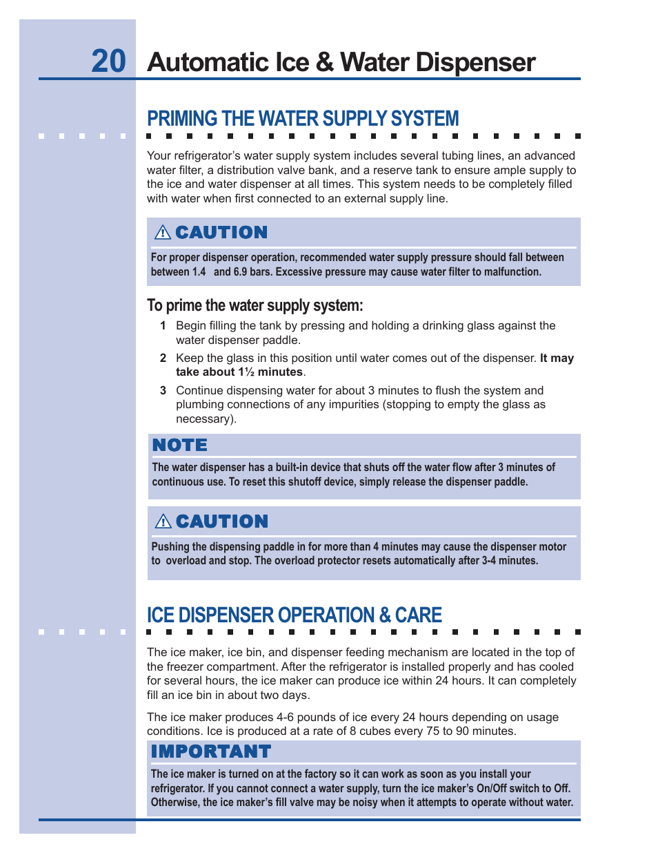 Automatic ice & water dispenser, Priming the water supply system, Ice dispenser operation & care | Electrolux 241737900 User Manual | Page 20 / 36