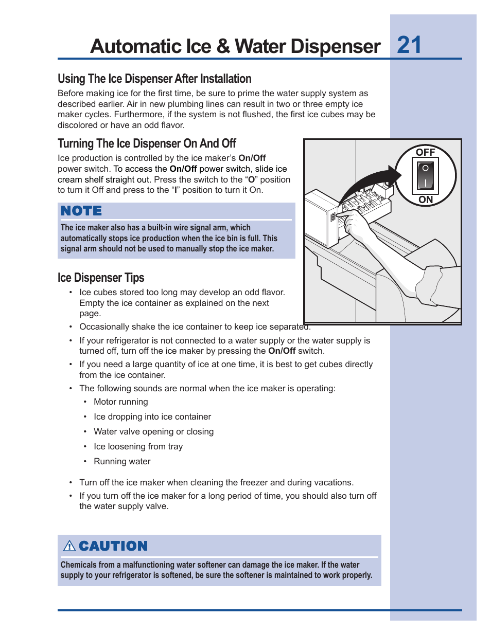 Automatic ice & water dispenser | Electrolux 241737900 User Manual | Page 21 / 36