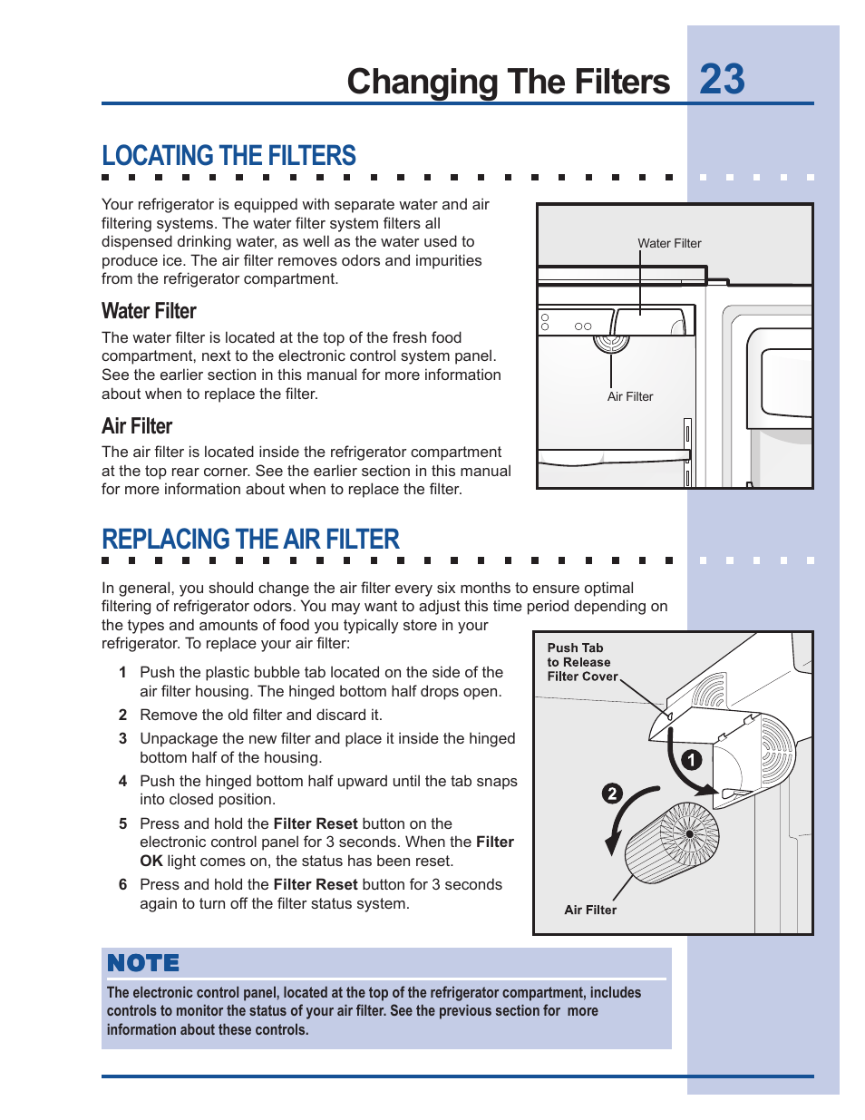 Changing the filters, Locating the filters, Replacing the air filter | Electrolux 241737900 User Manual | Page 23 / 36