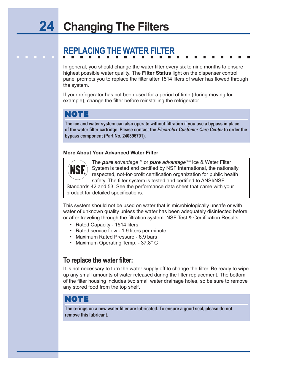 Storing food & saving energy, Changing the filters, Replacing the water filter | Electrolux 241737900 User Manual | Page 24 / 36