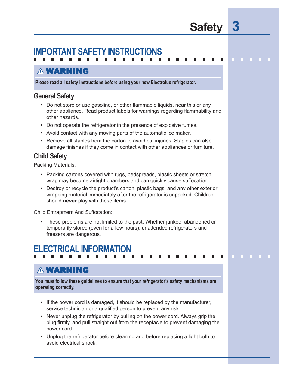 Safety, Important safety instructions, Electrical information | Electrolux 241737900 User Manual | Page 3 / 36