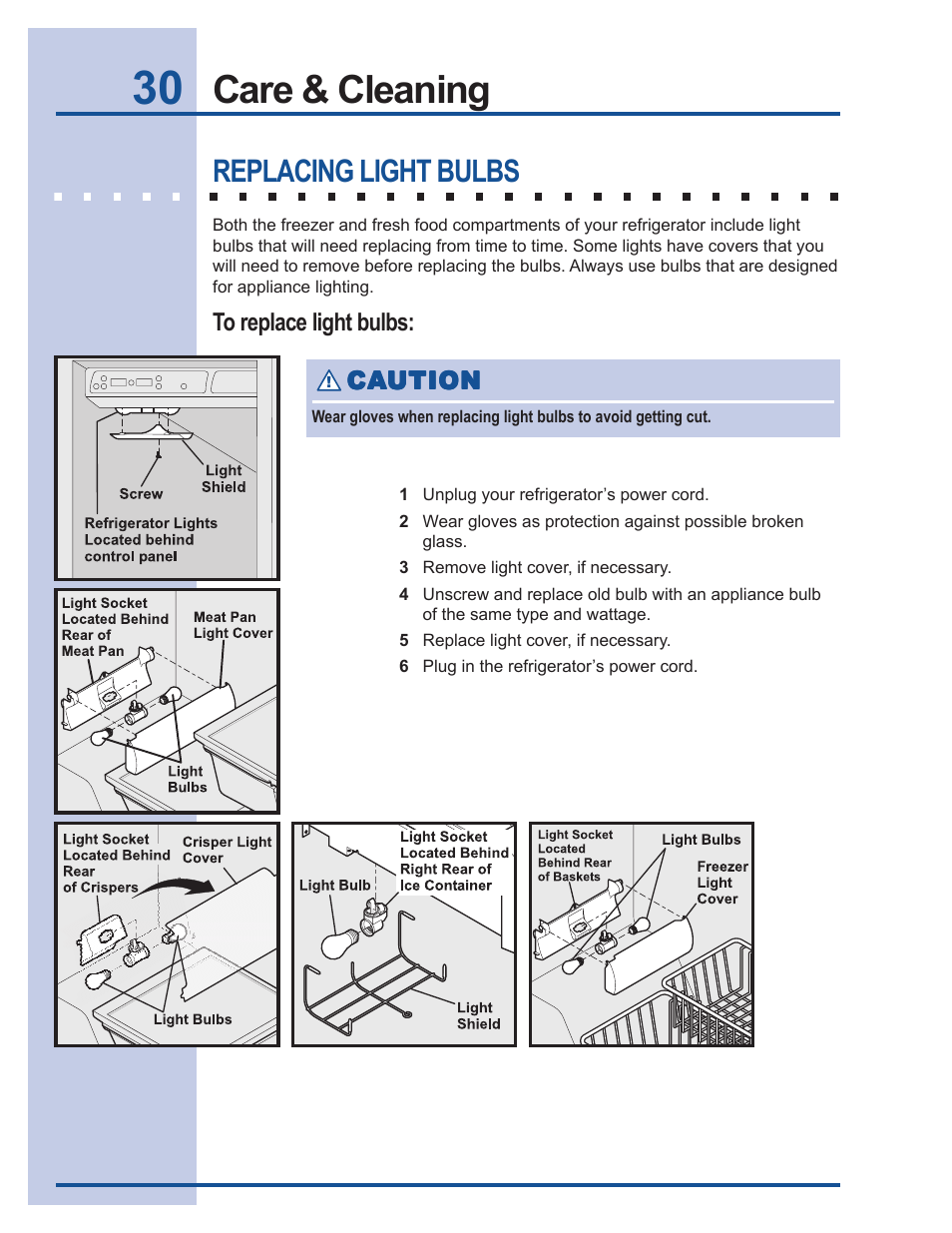 Solutions to common problems, Care & cleaning, Replacing light bulbs | Electrolux 241737900 User Manual | Page 30 / 36