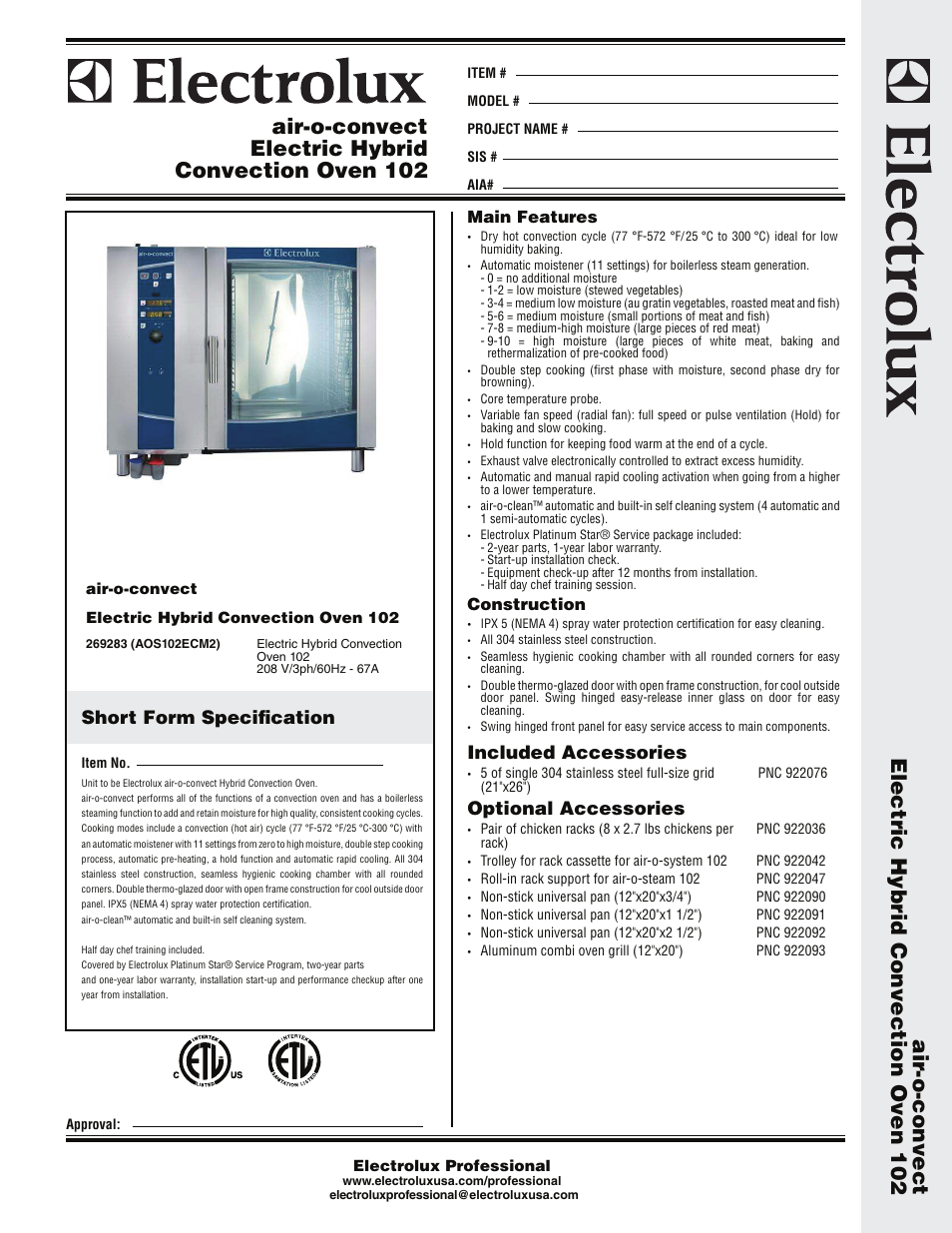 Electrolux Air-O-Convect AOS102ECB1 User Manual | 2 pages