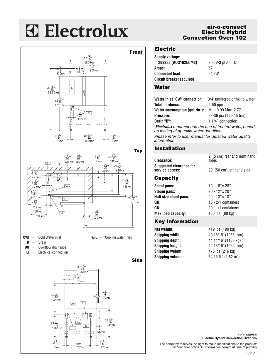 Air-o-convect electric hybrid convection oven 102 | Electrolux Air-O-Convect AOS102ECB1 User Manual | Page 2 / 2