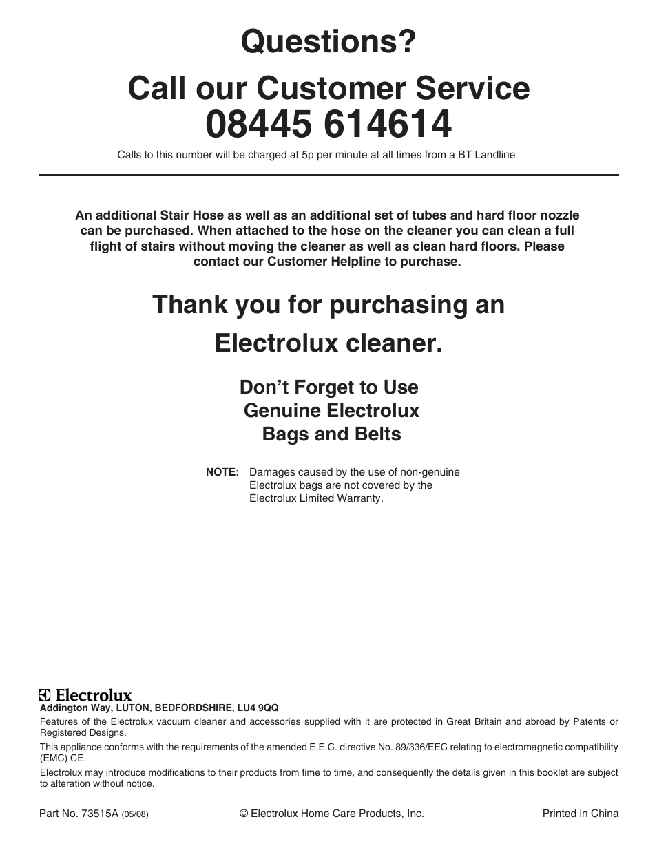 Questions? call our customer service | Electrolux Z2250 series User Manual | Page 12 / 12