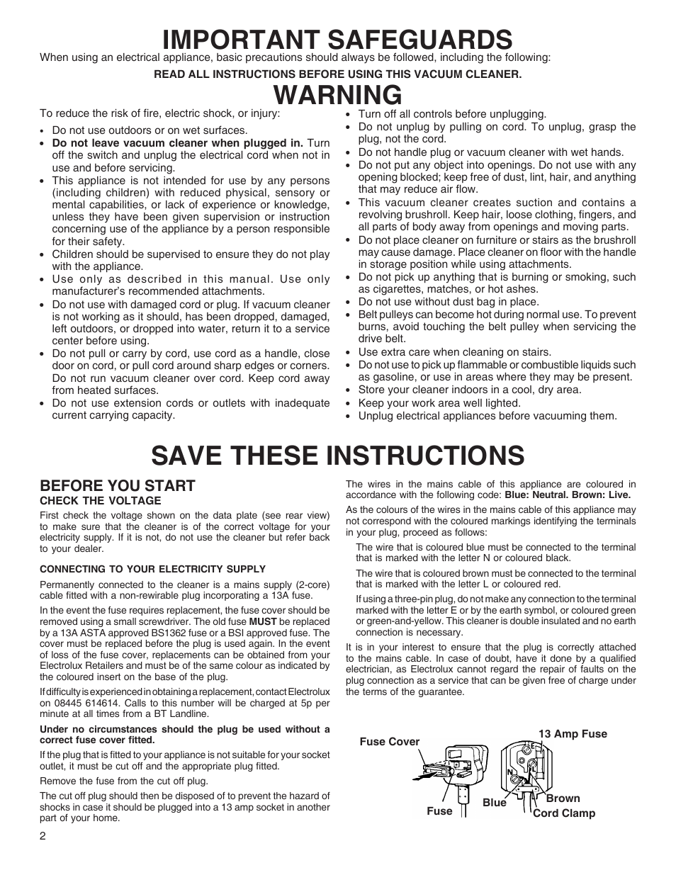 Important safeguards, Warning save these instructions, Before you start | Electrolux Z2250 series User Manual | Page 2 / 12