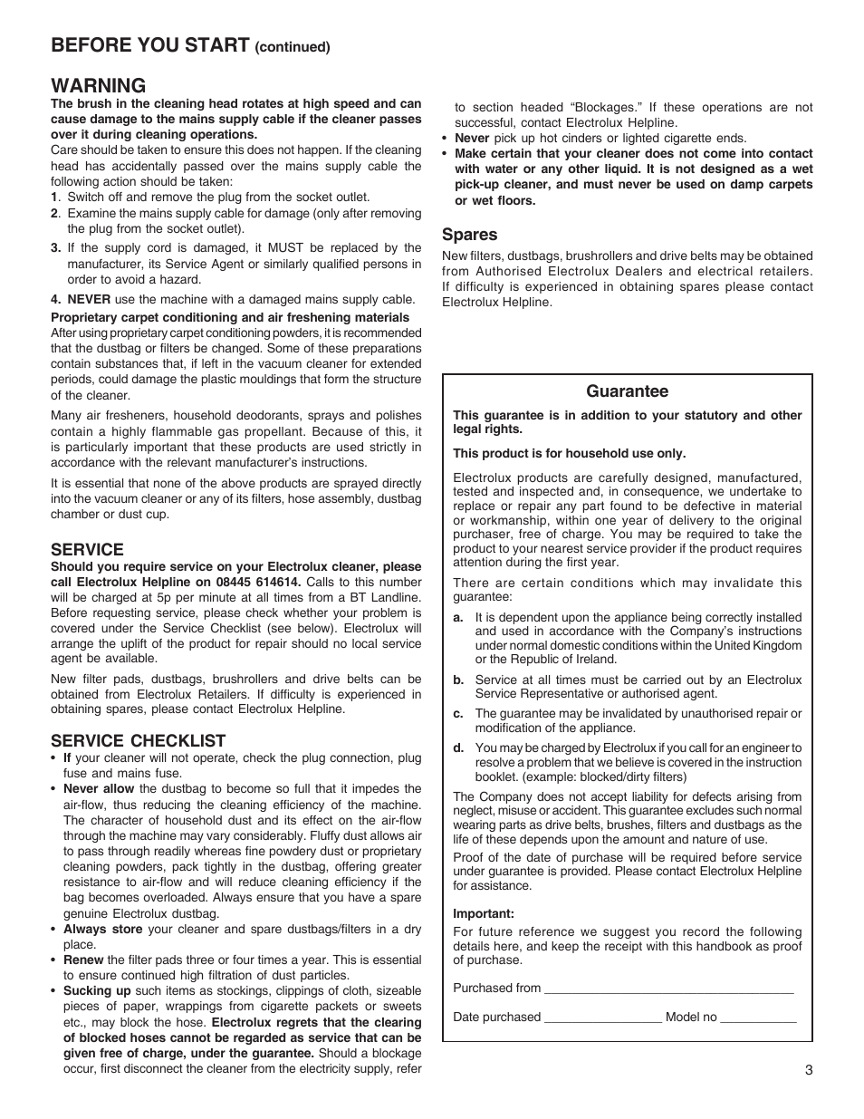 Before you start, Warning, Service | Service checklist, Spares, Guarantee | Electrolux Z2250 series User Manual | Page 3 / 12