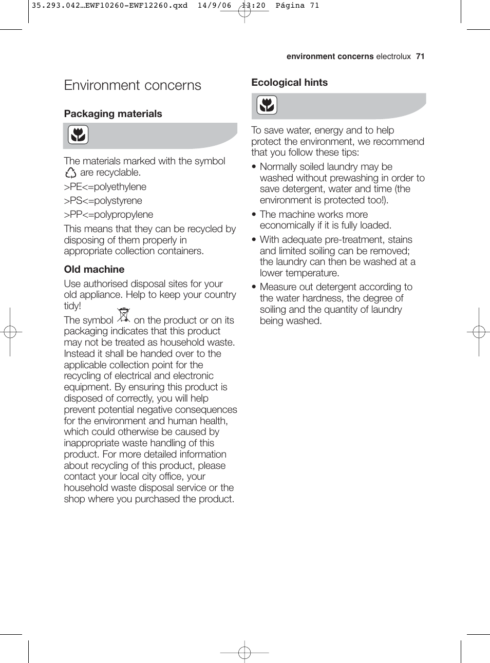 Environment concerns | Electrolux EWF 10260 W User Manual | Page 35 / 39