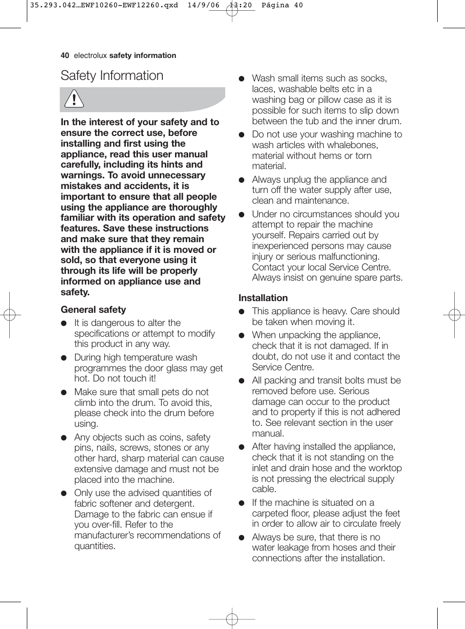 Safety information | Electrolux EWF 10260 W User Manual | Page 4 / 39