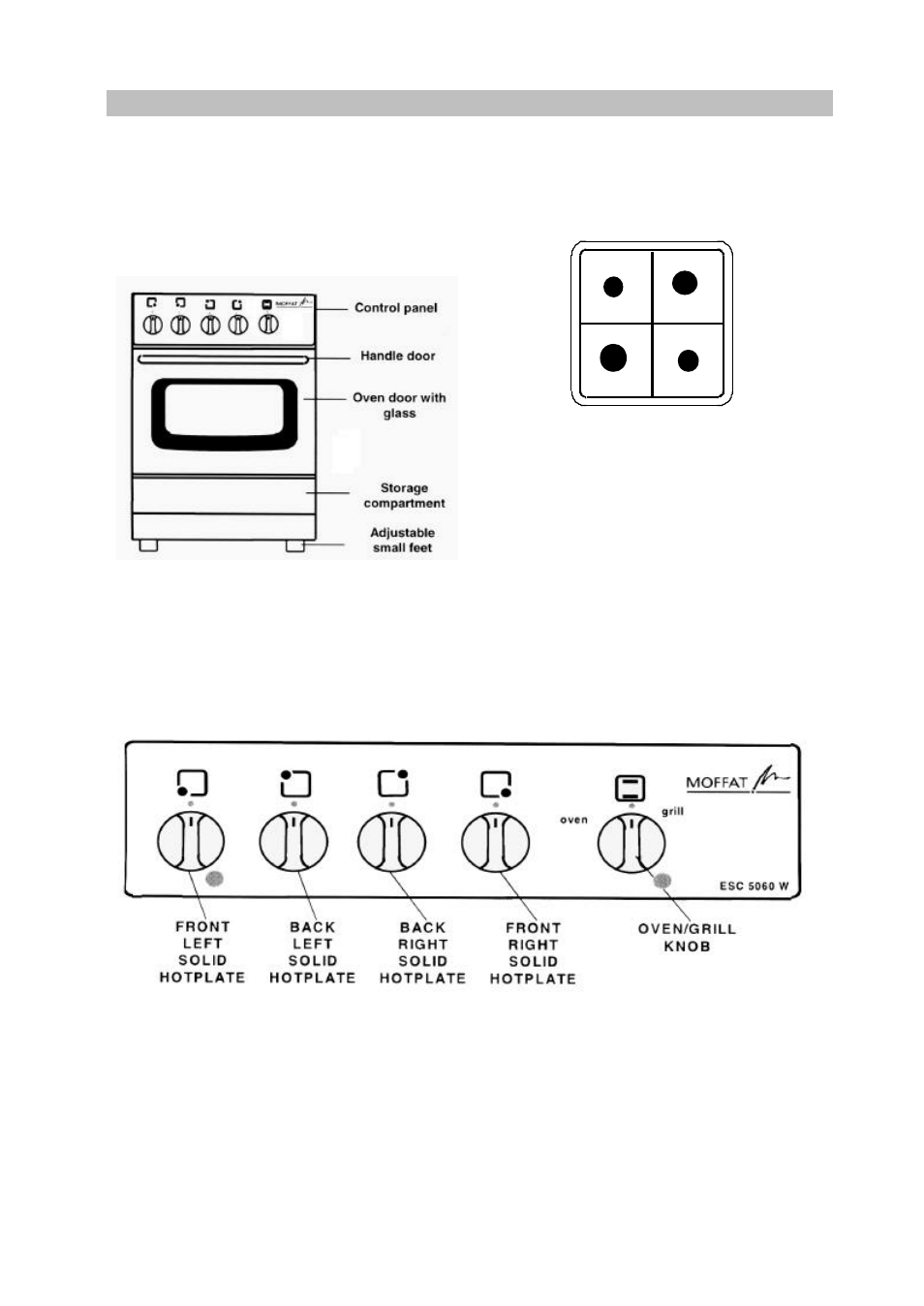 Description of the appliance, Model : esc 5060 w, Back right solid hotplate | Control panel | Electrolux ESC5060W User Manual | Page 4 / 20