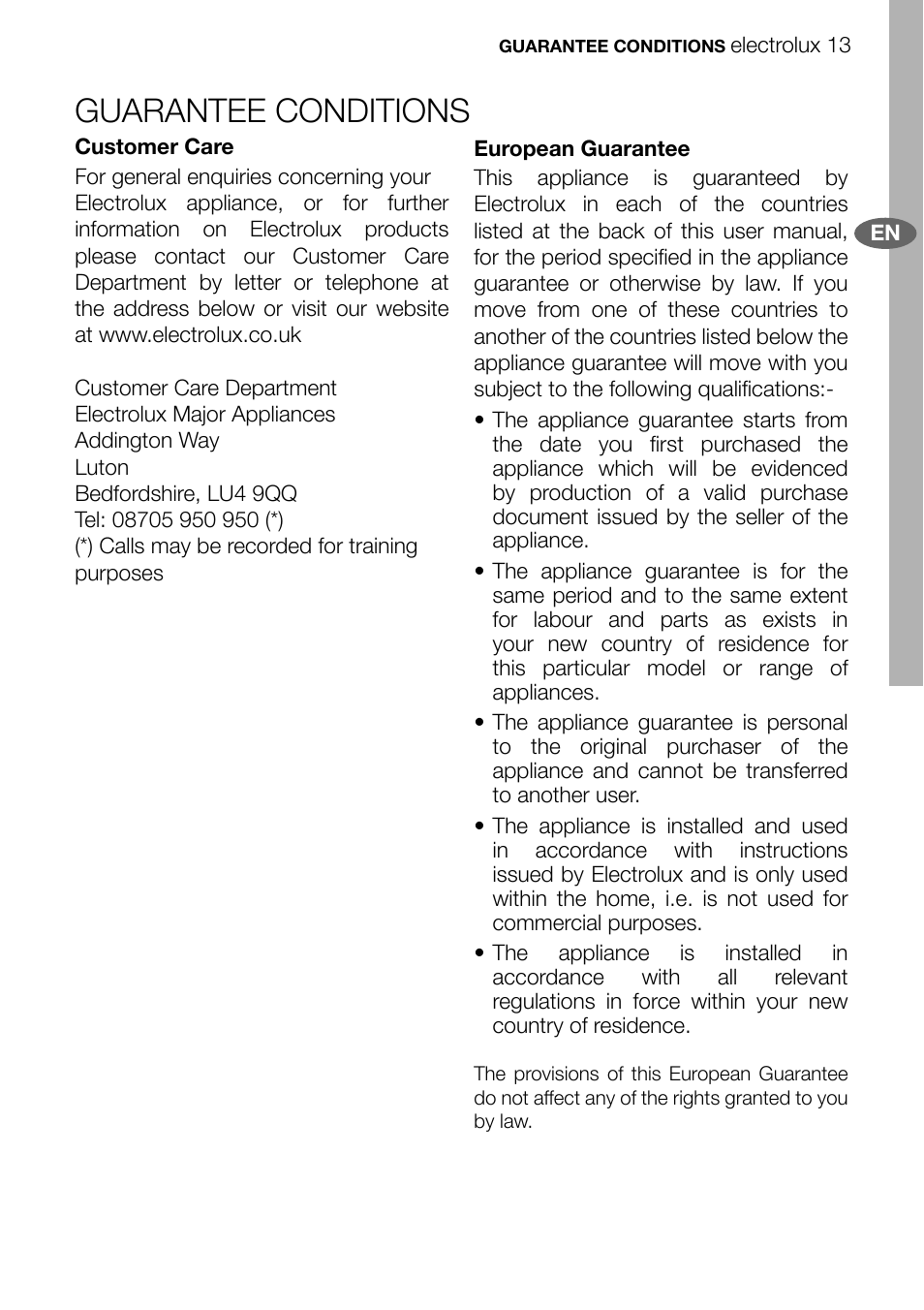 Guarantee conditions | Electrolux EFC70011 User Manual | Page 13 / 28