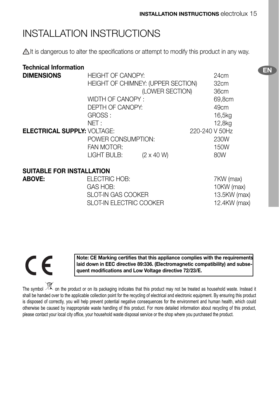 Installation instructions | Electrolux EFC70011 User Manual | Page 15 / 28