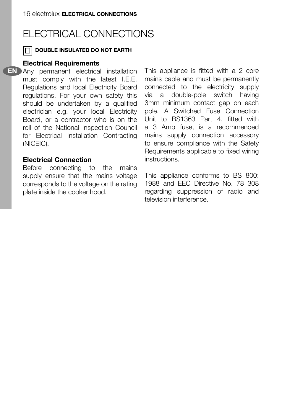 Electrical connections | Electrolux EFC70011 User Manual | Page 16 / 28