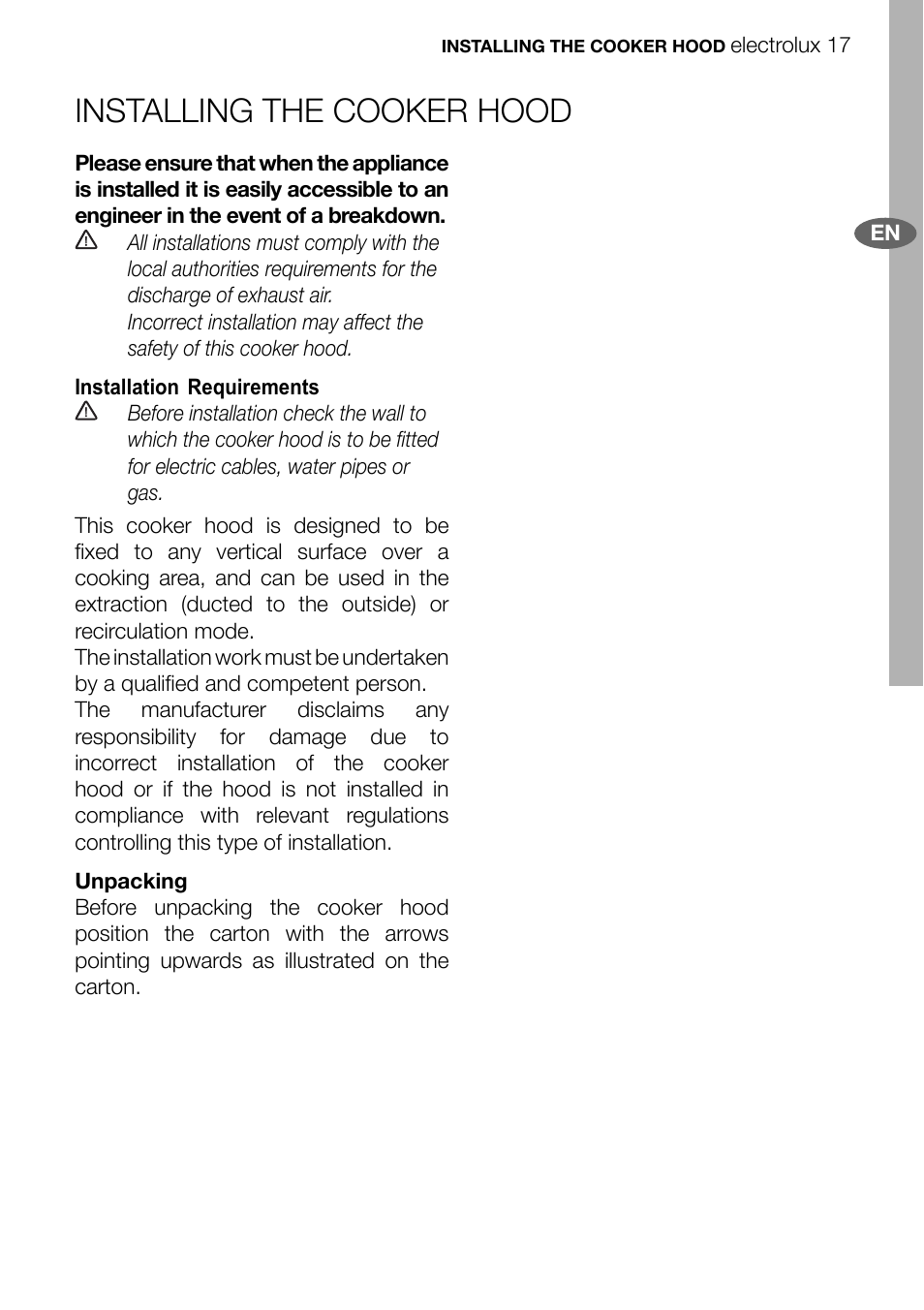 Installing the cooker hood | Electrolux EFC70011 User Manual | Page 17 / 28