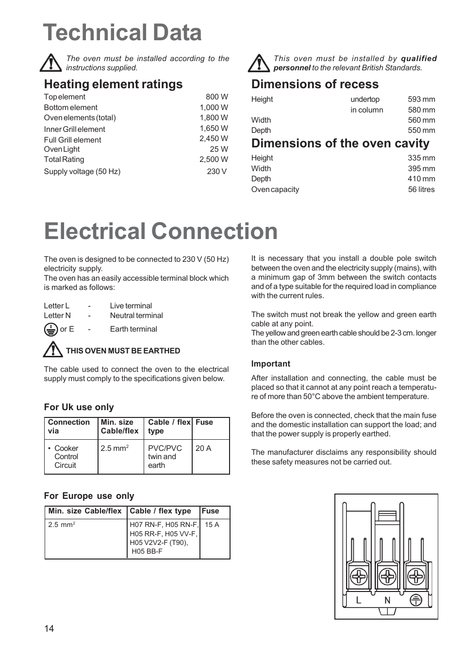 Electrical connection, Technical data, Heating element ratings | Dimensions of recess, Dimensions of the oven cavity | Electrolux EOB 2700 User Manual | Page 14 / 16