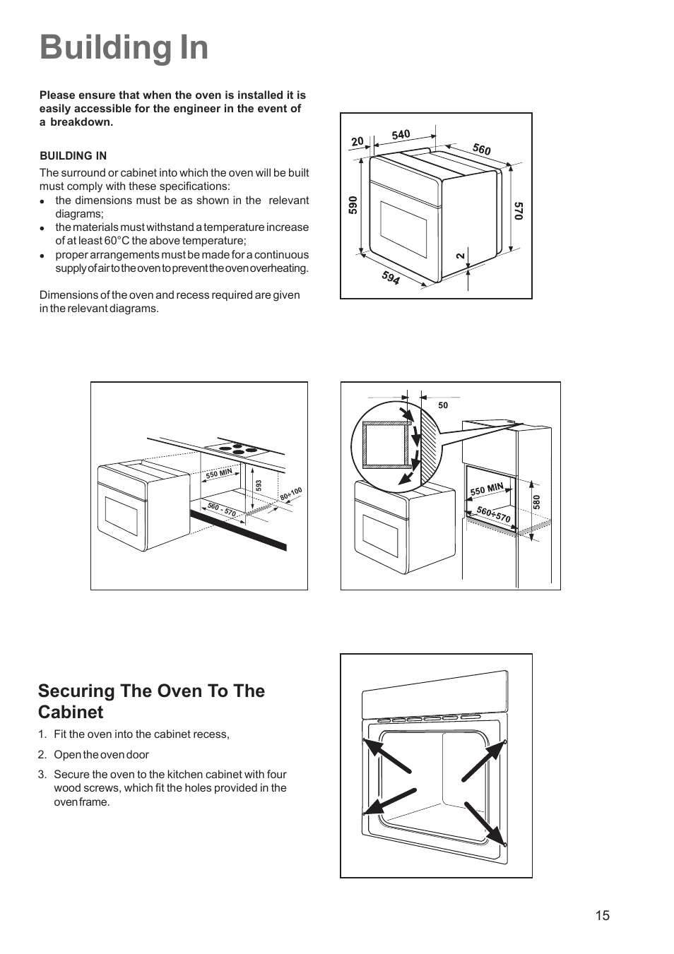 Building in, Securing the oven to the cabinet | Electrolux EOB 2700 User Manual | Page 15 / 16