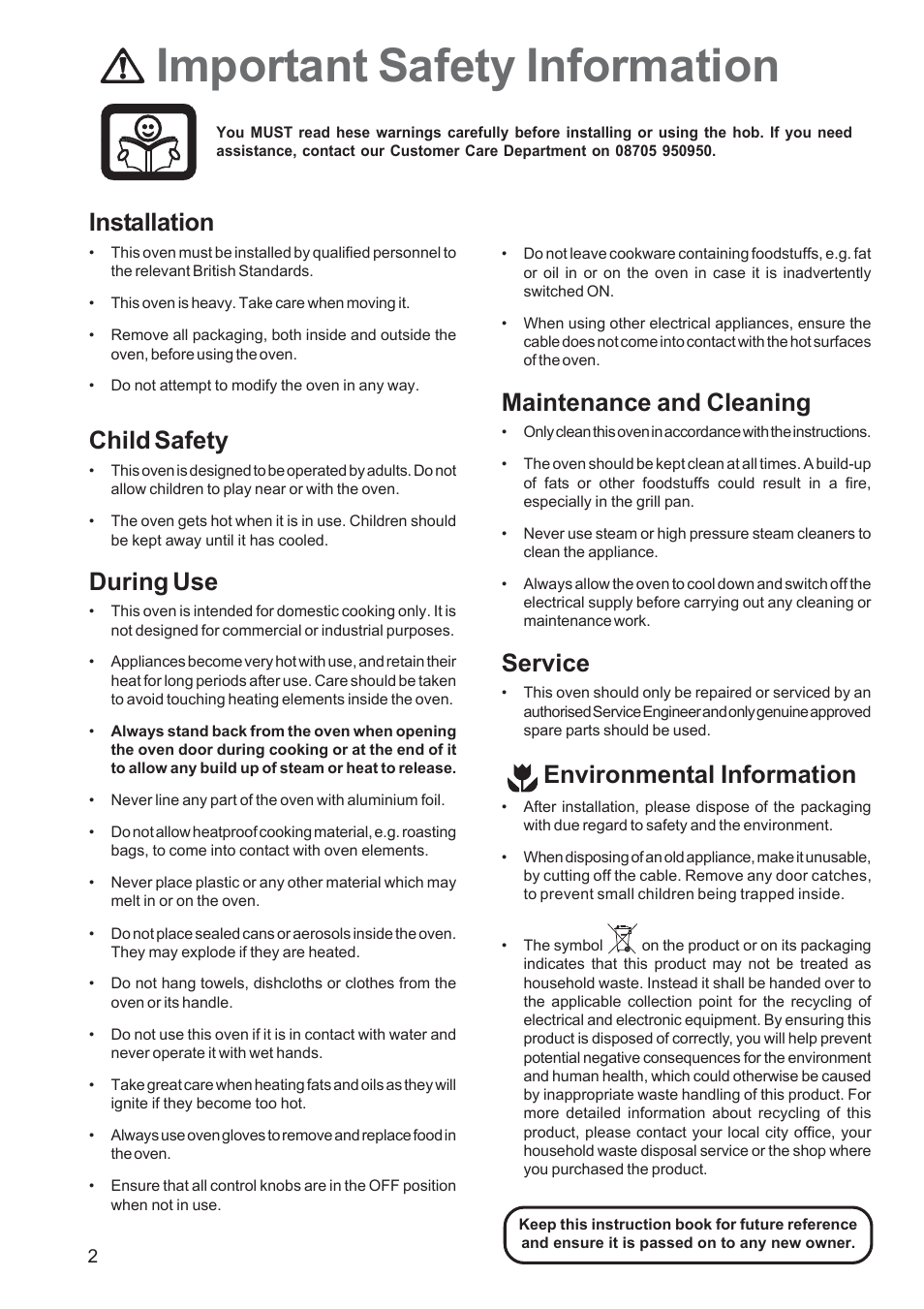 Important safety information, Installation, Child safety | During use, Maintenance and cleaning, Service, Environmental information | Electrolux EOB 2700 User Manual | Page 2 / 16