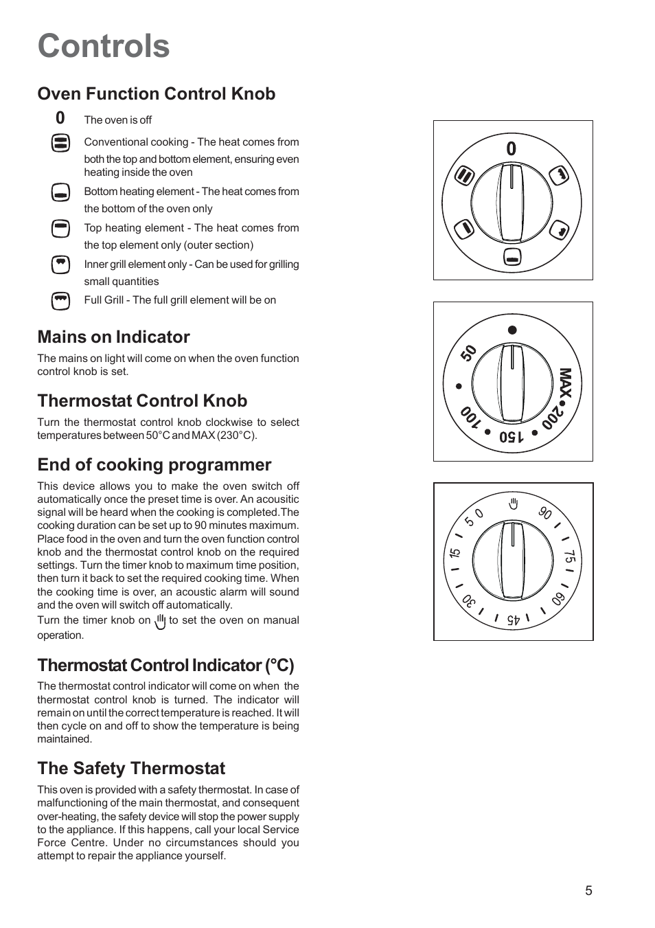 Controls, Oven function control knob 0, Mains on indicator | Thermostat control knob, End of cooking programmer, Thermostat control indicator (°c), The safety thermostat | Electrolux EOB 2700 User Manual | Page 5 / 16