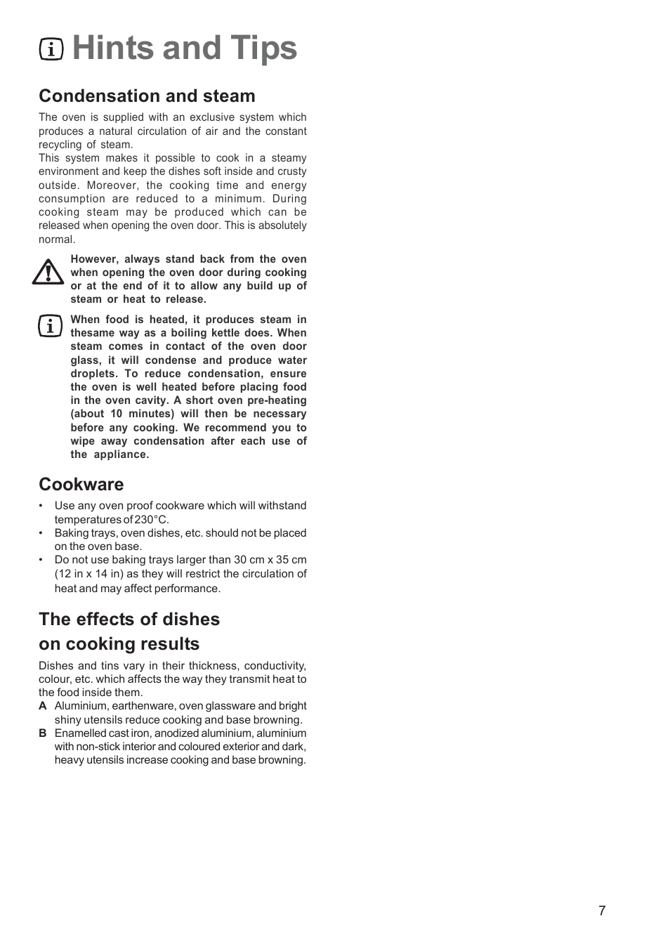 Hints and tips, Condensation and steam, Cookware | The effects of dishes on cooking results | Electrolux EOB 2700 User Manual | Page 7 / 16
