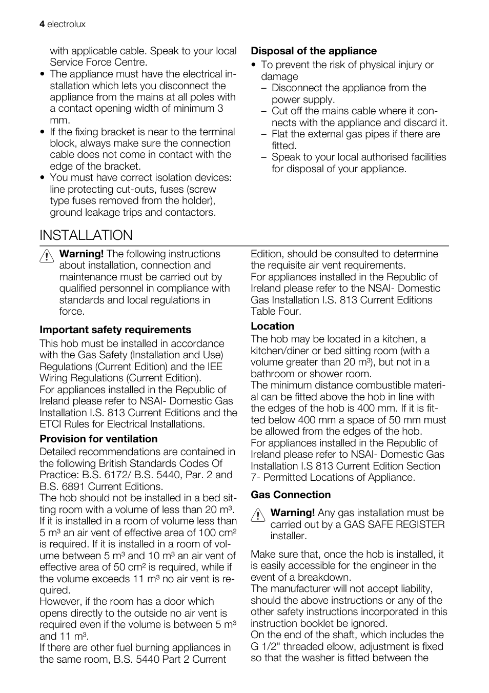 Installation | Electrolux EHG60412 User Manual | Page 4 / 16