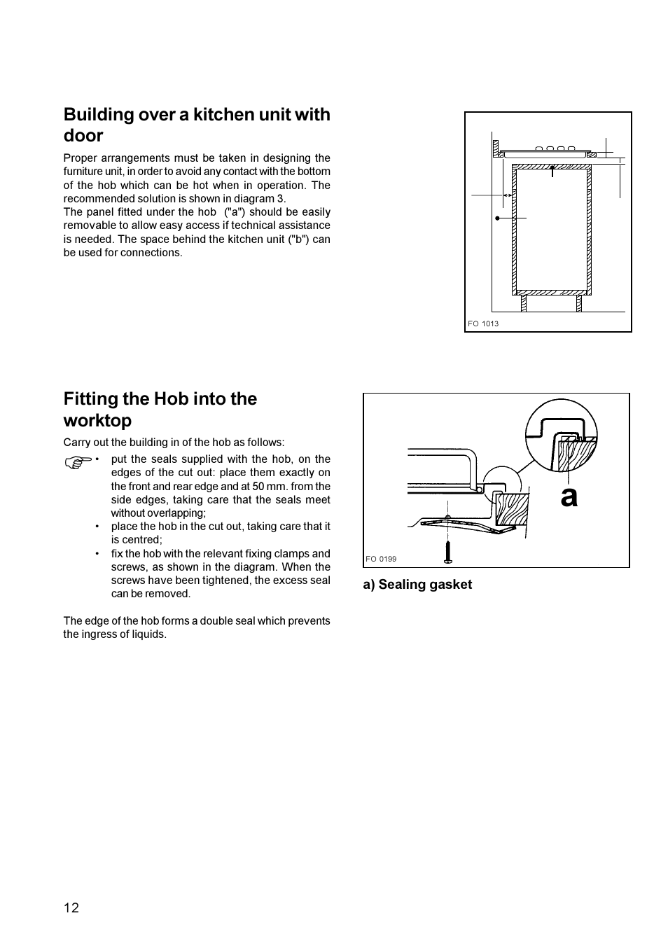 Fitting the hob into the worktop, Building over a kitchen unit with door | Electrolux EHE 688W User Manual | Page 12 / 16