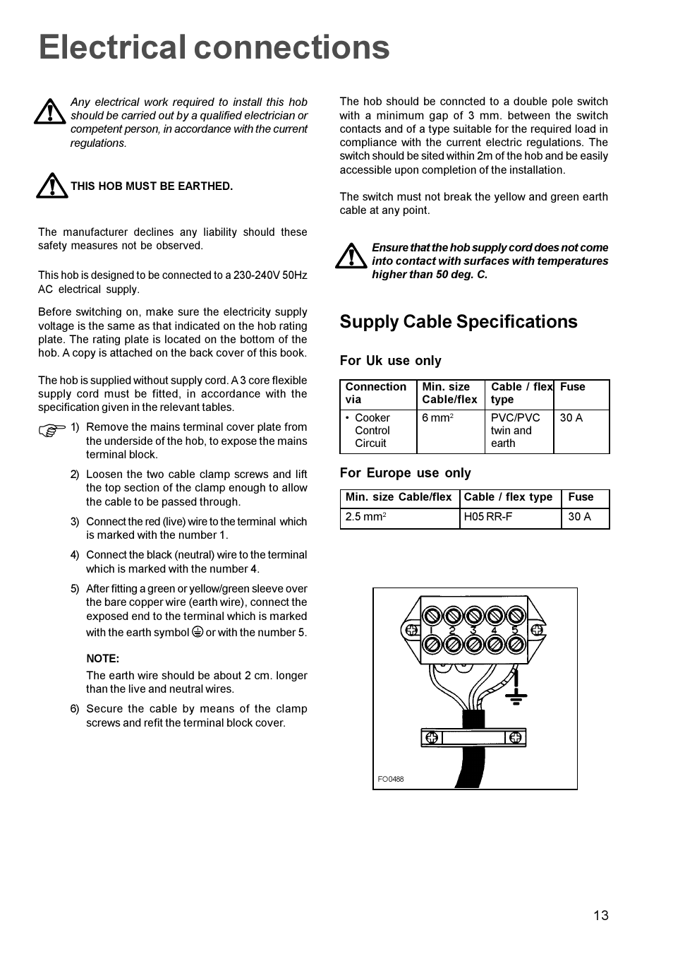 Electrical connections, Supply cable specifications | Electrolux EHE 688W User Manual | Page 13 / 16