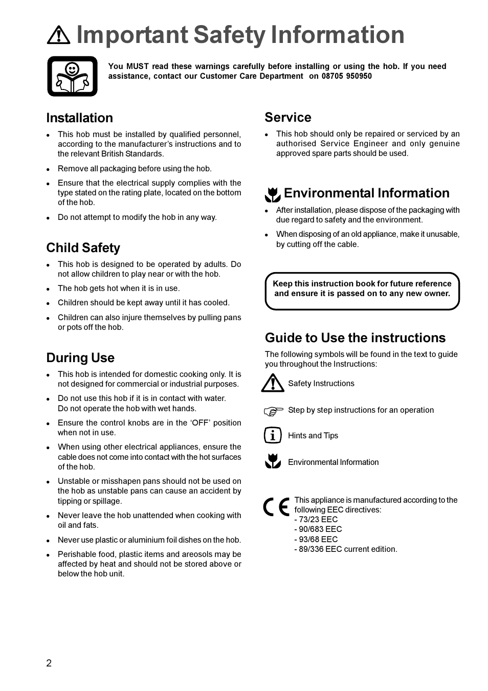 Fimportant safety information, Guide to use the instructions, Installation | Child safety, During use, Service, Environmental information | Electrolux EHE 688W User Manual | Page 2 / 16