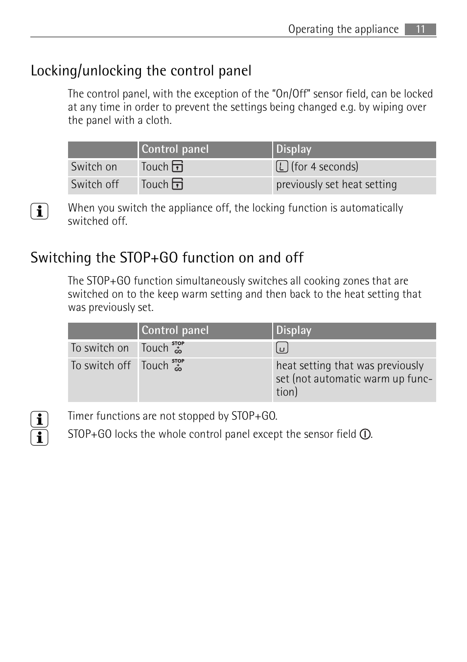 Locking/unlocking the control panel, Switching the stop+go function on and off | Electrolux 76331 KF-N User Manual | Page 11 / 32