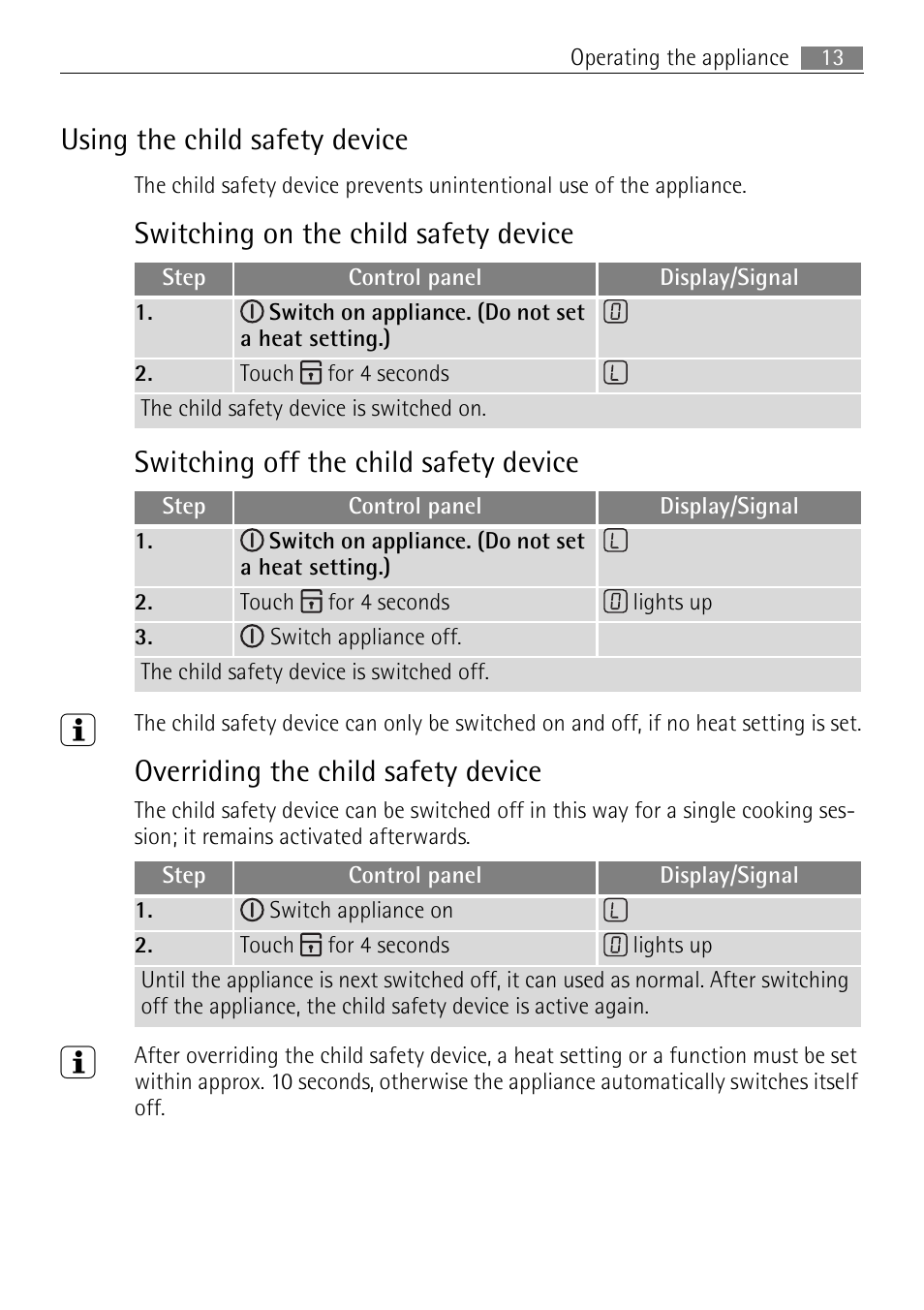 Using the child safety device, Overriding the child safety device | Electrolux 76331 KF-N User Manual | Page 13 / 32