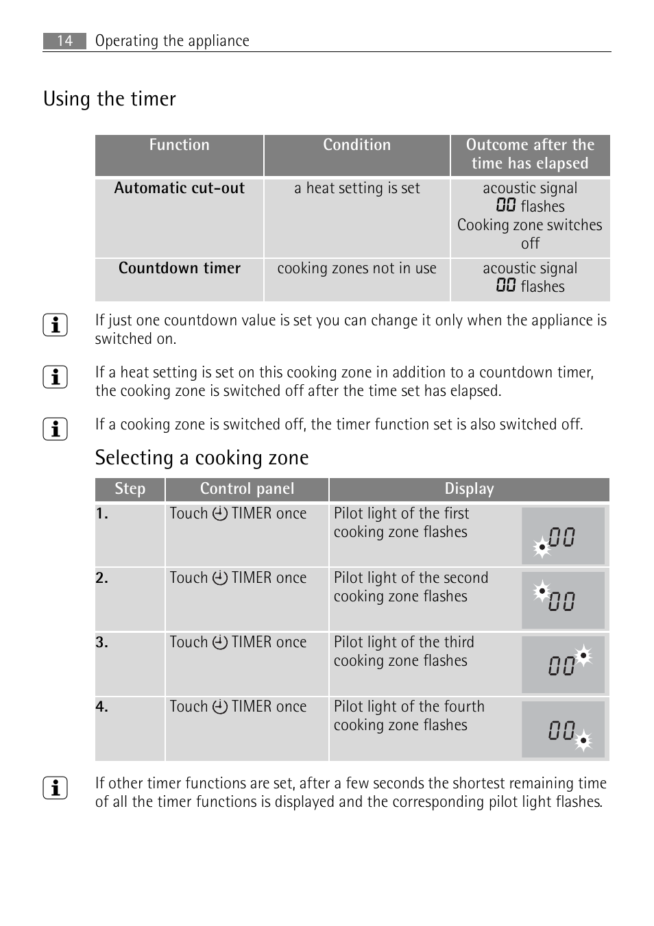 Using the timer, Selecting a cooking zone | Electrolux 76331 KF-N User Manual | Page 14 / 32